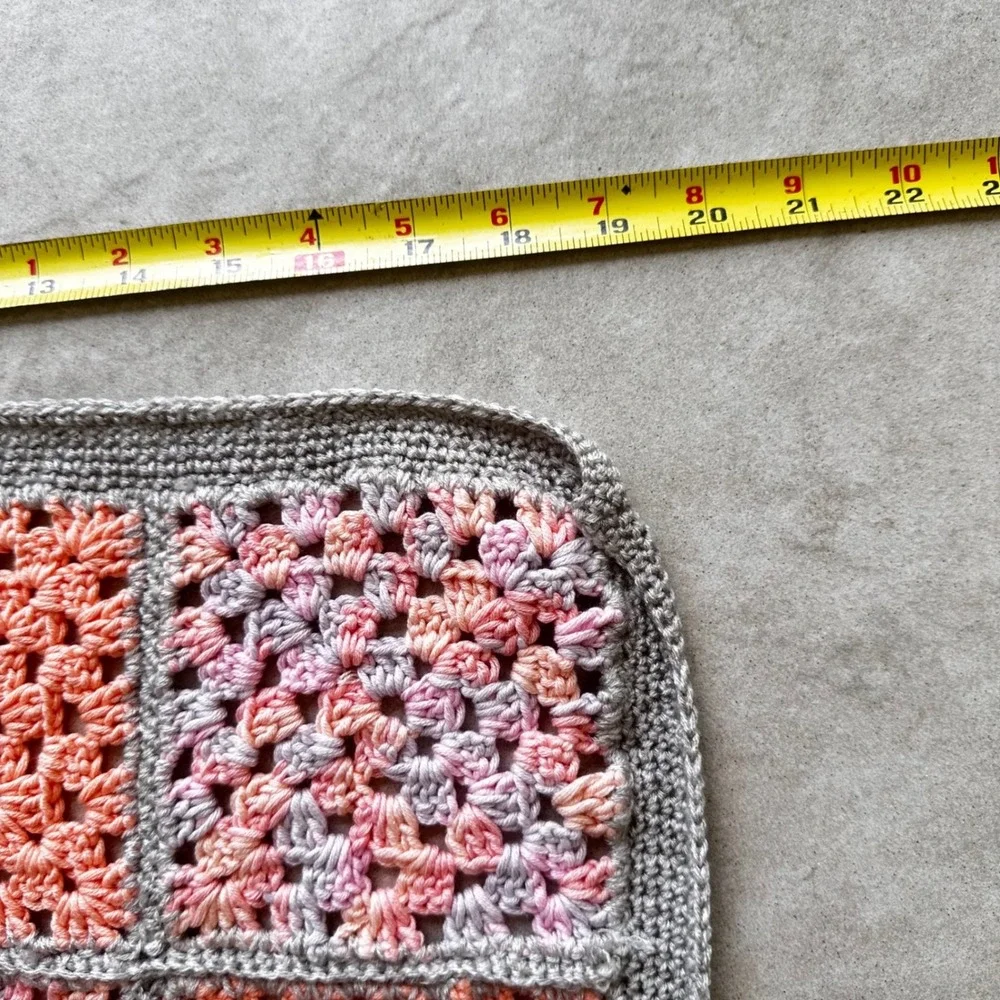 Handmade Crochet Granny Square Baby Blanket Peach Pink Gray 22x26 Stroller Throw